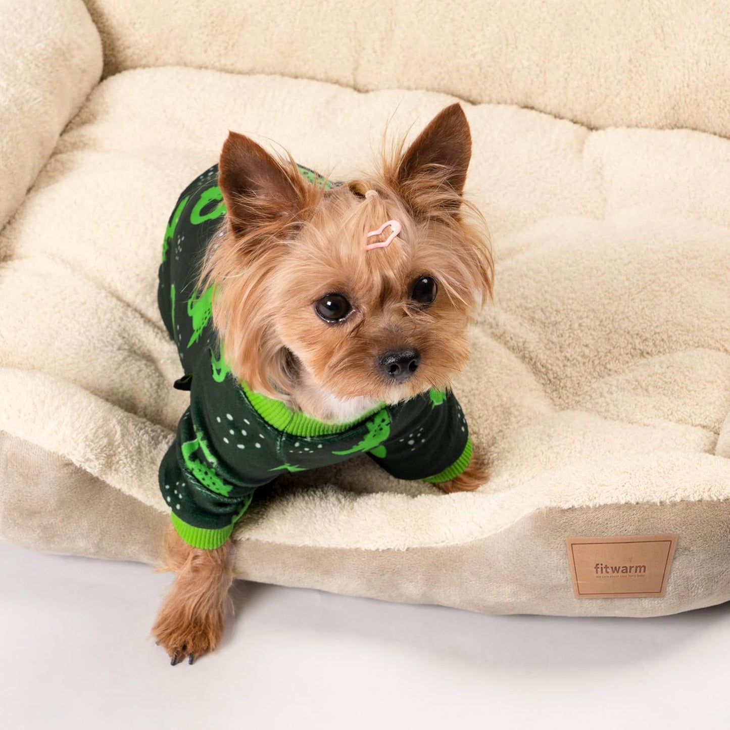 Fitwarm Dinosaur Dog Fleece Pajamas, Warm Clothes for Small Dogs Boy, Cozy Pet Onesie with Feet, Dark Green, Bright Green, Medium
