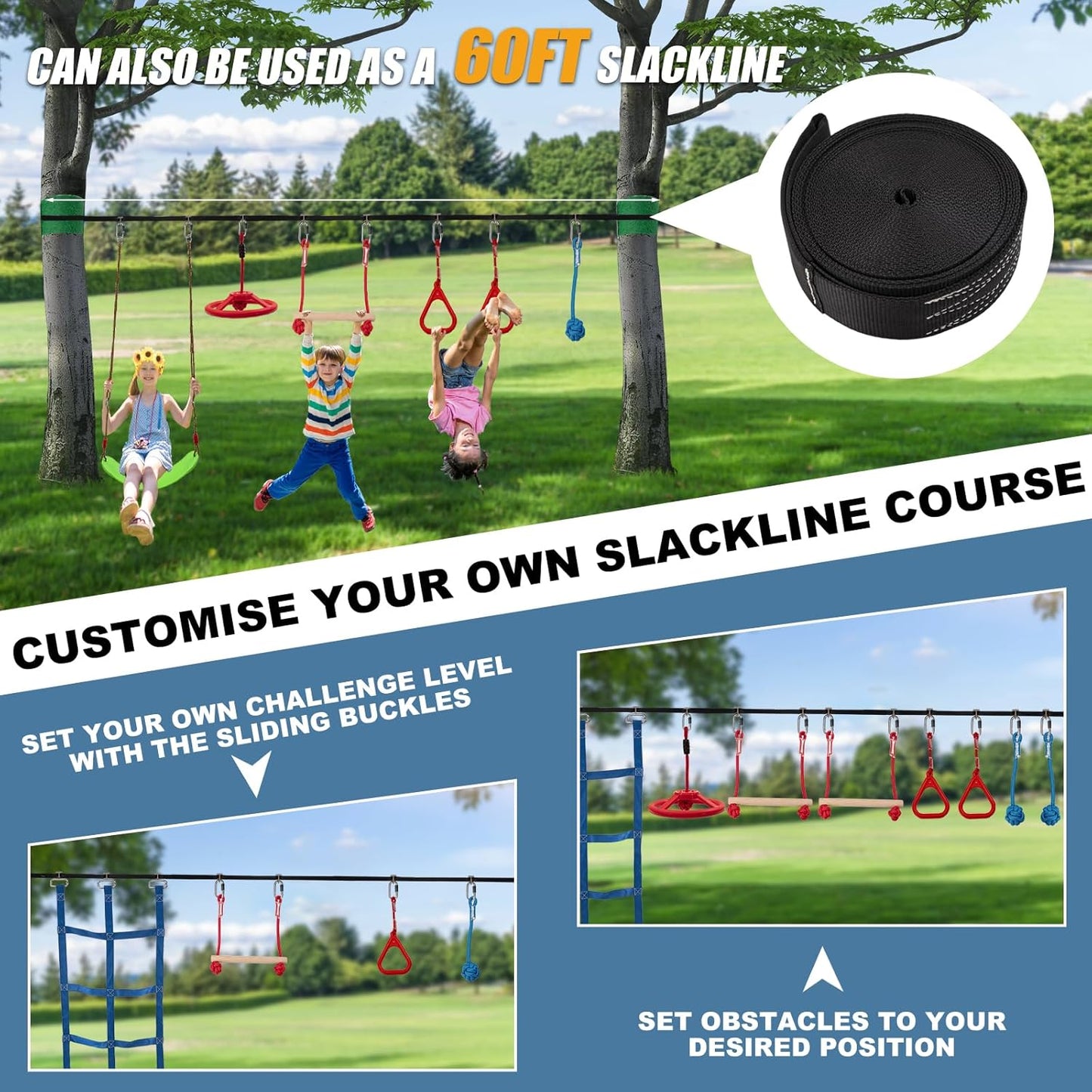 Slsy 60FT Ninja Warrior Obstacle Course (10 Obstacles), Ninja Slackline Kit for Kids, Durable Playset Equipment with 10 Complete Set-Monkey Bar,Swing, Climbing Ladder & Net