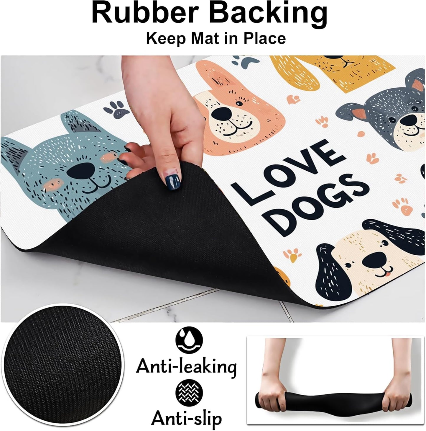 Cute Dogs Pet Cat Dog Food Mat-Absorbent Quick Dry Feeding Placemat for Water and Food, No Stains Rubber Base Mat for Indoor Use, Pet Accessories 12"x20"