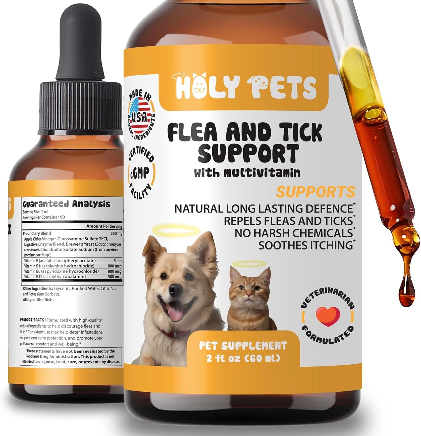 Flea & Tick Oral Drops for Dogs & Cats – Natural Herbal Supplement with B Vitamins – 2 oz, 60 Servings – Safe for All Breeds – Made in USA