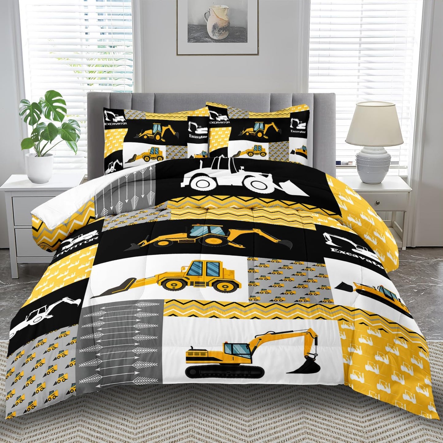 Construction Comforter Set Full Boys,Yellow Full Construction Bedding Set,Engineering Vehicles Comforter Yellow Bedroom Decor Kids,Truck Quilt Cartoon Truck Bedding for Teen