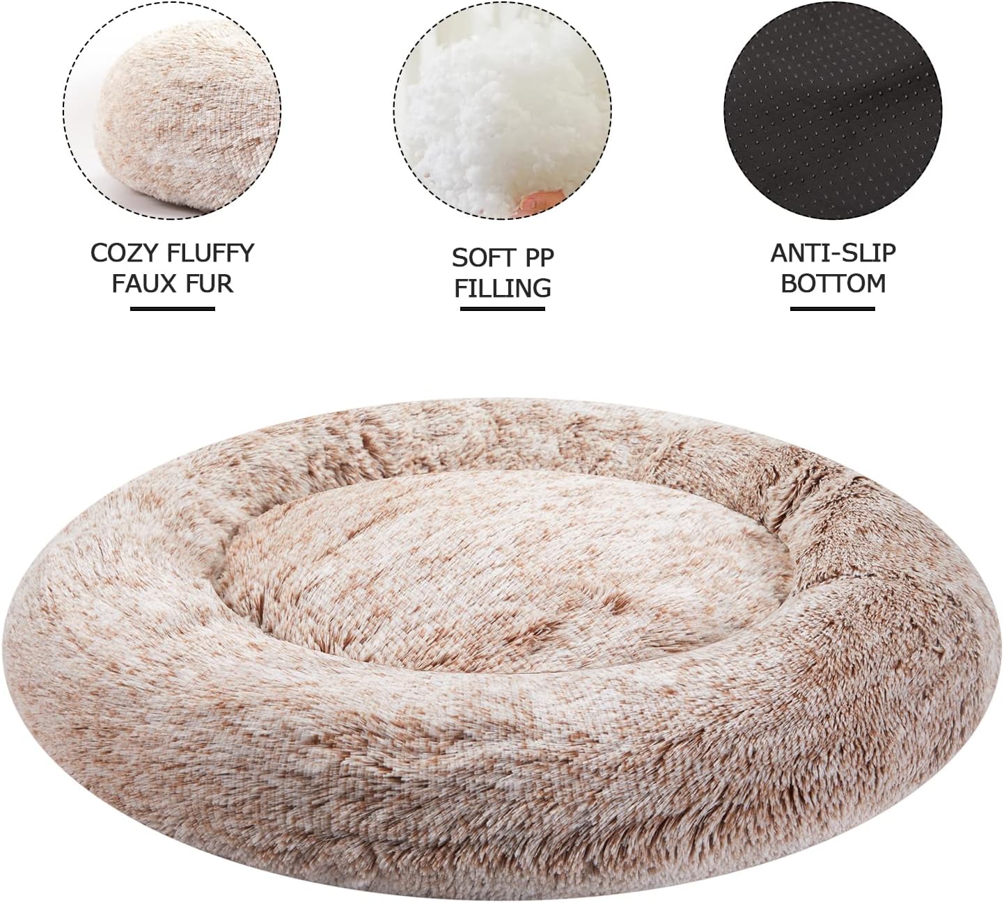 Bedfolks Calming Donut Dog Bed, 45 Inch Round Plush Bed for Extra Large Dogs, Anti-Anxiety, Washable with Non-Slip Bottom (Brown, Extra Large)
