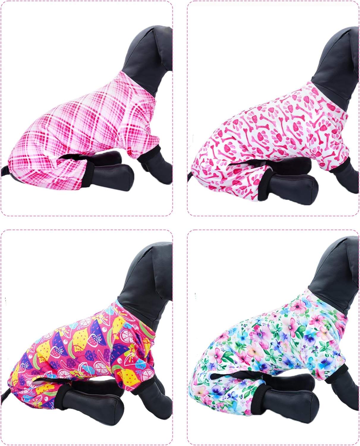 PET SHOW 4 Pack Small Dog Pajamas Cute Paw Bone Clothes for Medium Dogs Soft Stretchy PJs Plaid Jumpsuit Puppy Cats Floral Fruits Onesies Outfits with Sleeve Pets Dachshund Costume(M, Pink for Girls)