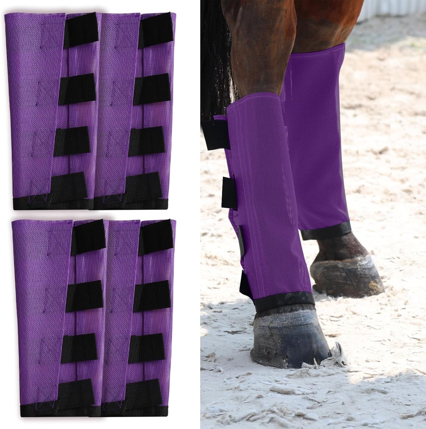 Premium 4-Pack Horse Fly Boots & Leggings Loose-Fit Fine Mesh with Stay-On Fasteners, Support Strips & Anti-Stomp Design Breathable Non-Slip Protection Leg Wrap (Large) Lavender Purple