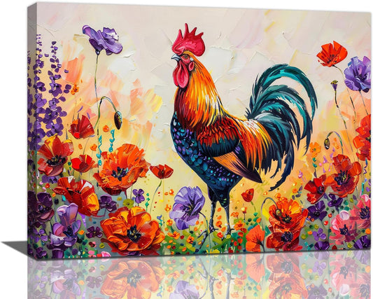 Rooster Wall Art Flower Poppy Canvas Living Room Pictures Framed Prints Colorful Floral Large Wall Decor Animal Painting Artwork for Bedroom Dining Home 16"x12"