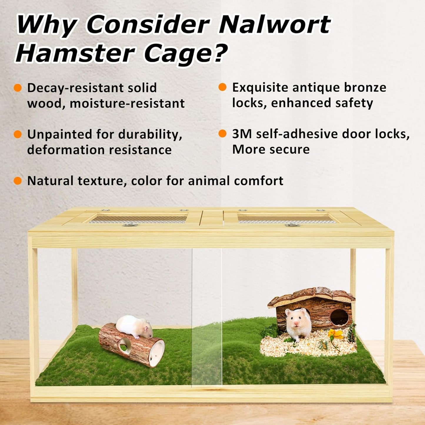 32" Hamster Habitat Enclosure, Lockable Sliding Door Gerbil Cage, Dwarf Hamster Cage with Metal Mesh Roof, Chewproof Syrian Hamster Cage for Mice, Small Animal, (Wooden, 32" L x 16" W x 16" H)