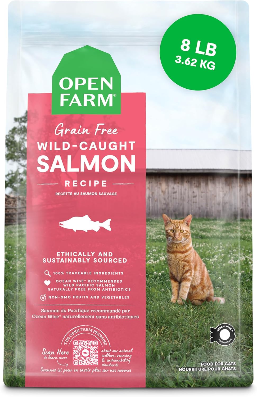Open Farm, Grain Free Dry Cat Food, High-Protein Kibble for a Complete & Balanced Diet, Non-GMO Fruits & Vegetables, Prebiotic Fibers to Support Digestion, Wild-Caught Salmon Recipe, 8lb Bag