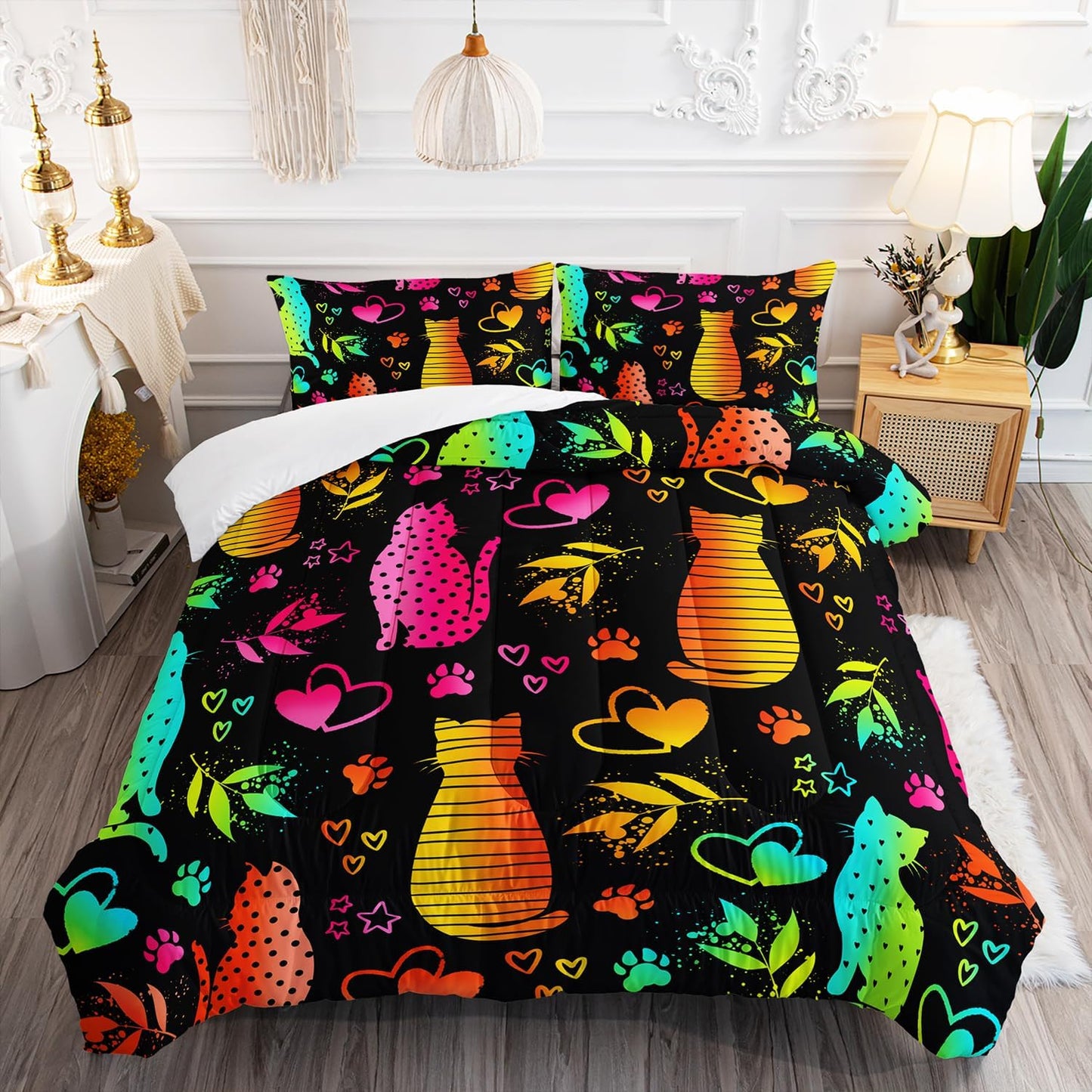 Kawaii Cat Animal Comforter 3Pcs Queen Lovely Pet Cat Bedding Set for Kid Teen Girl Boy Adult Room Decor Cartoon Kitten Paw Heart Bamboo Leaf Pattern Quilt with 1 Comforter and 2 Pillowcases
