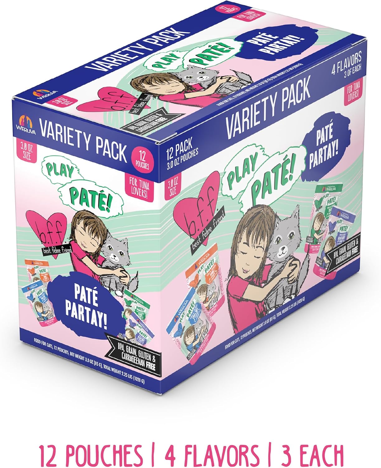 Weruva B.F.F. Play - Best Feline Friend Paté Lovers, Aw Yeah!, Paté Partay! Variety Pack, 3oz Pouch (Pack of 12)
