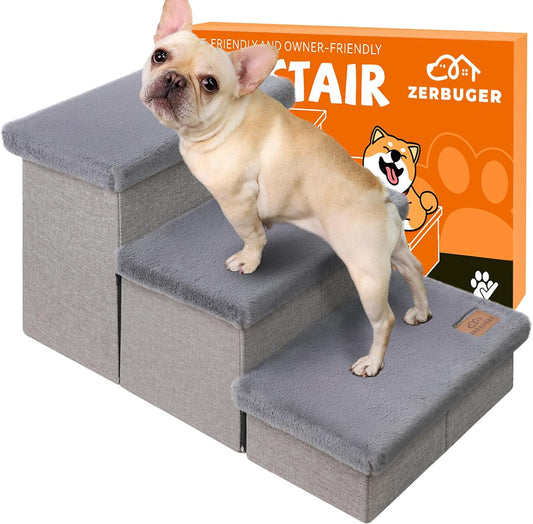 Dog Stairs with Furry Lids 18" H, 3-Step Wider Dog Steps with Storage for Small/Medium/Large Old Dogs Cats, Folding Sturdy Pet Stairs Climbing Bed Couch, Ramp for Car Hold Up to 200 lbs, Grey