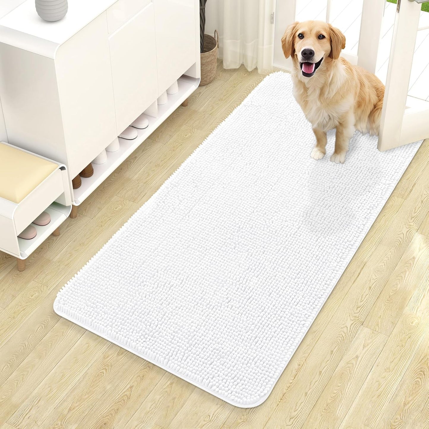 OLANLY Dog Door Mat for Muddy Paws 44x24, Absorbs Moisture and Dirt, Absorbent Non-Slip Washable Doormat, Quick Dry Chenille Mud Mat for Dogs, Entry Indoor Entryway Carpet for Inside Floor, White