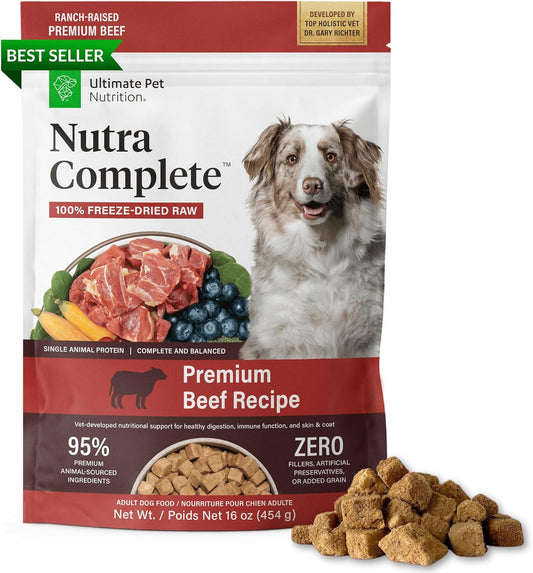 ULTIMATE PET NUTRITION Nutra Complete, 100% Freeze Dried Raw Veterinarian Formulated Dog Food with Antioxidants Prebiotics and Amino Acids (1 Pound, Beef)