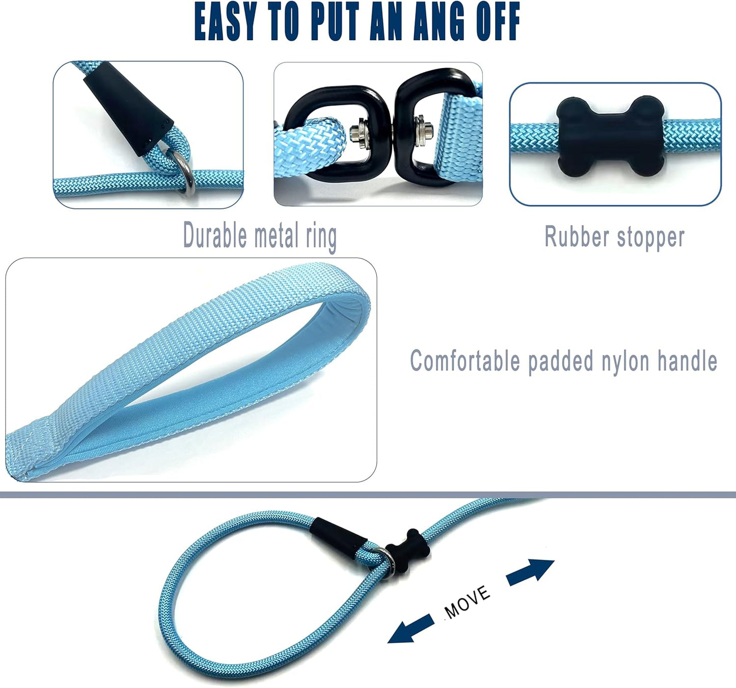 Slip Lead Dog Leash，Strong Nylon Rope Leash and Padded Handle,No Pull Outdoor Walking Training Lead for Small Medium Large Dogs (Light Bule,1/2"×4ft)