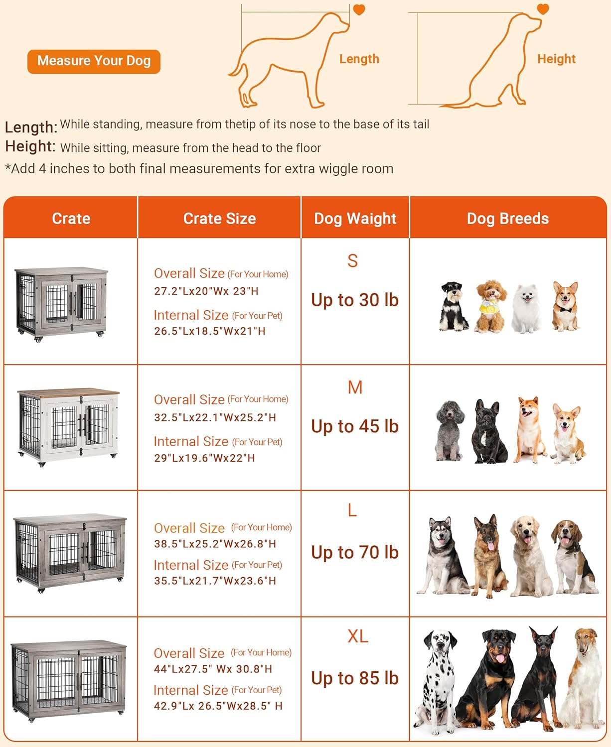 Lulive Dog Crate Furniture for Medium Dogs, 32'' Dog Kennel Indoor with Cushion & Wheels Wooden Dog Cage Double Doors Dog Crate End Table, White