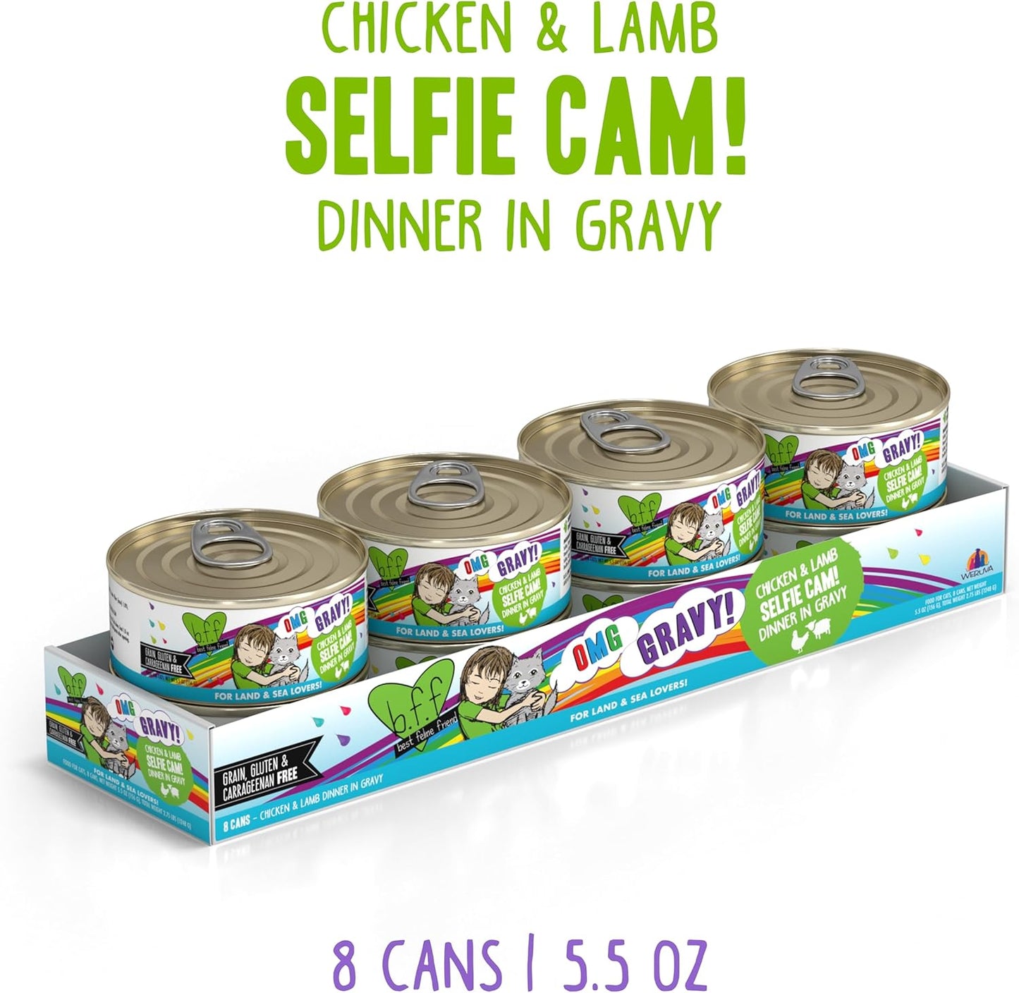 Weruva B.F.F. OMG - Best Feline Friend Oh My Gravy!, Selfie Cam! with Chicken & Lamb in Gravy Cat Food, 5.5oz Can (Pack of 8)