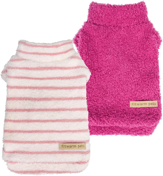 Fitwarm 2 Pack Striped Fleece Dog Sweater, Warm Winter Dog Clothes for Small Dogs Girl, Fuzzy Turtleneck Pet Outfit, Doggy Pullover Jumper, Rose Pink, White, Light Pink, Large