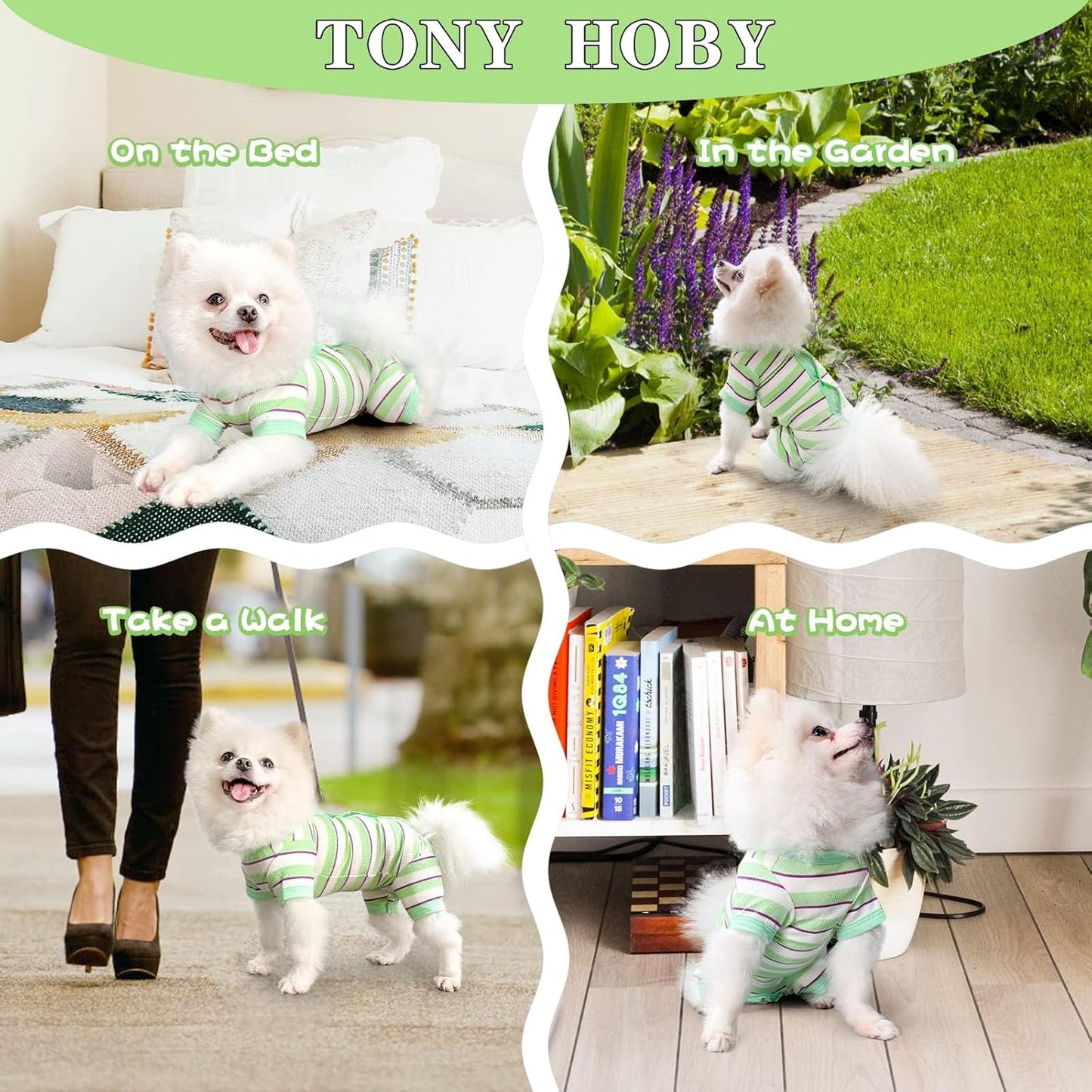 TONY HOBY Dog Pajamas, Male Dog Jumpsuit with Green Stripe, Dogs Clothes for Small Medium Size Dogs (Green&White, Boy, S)