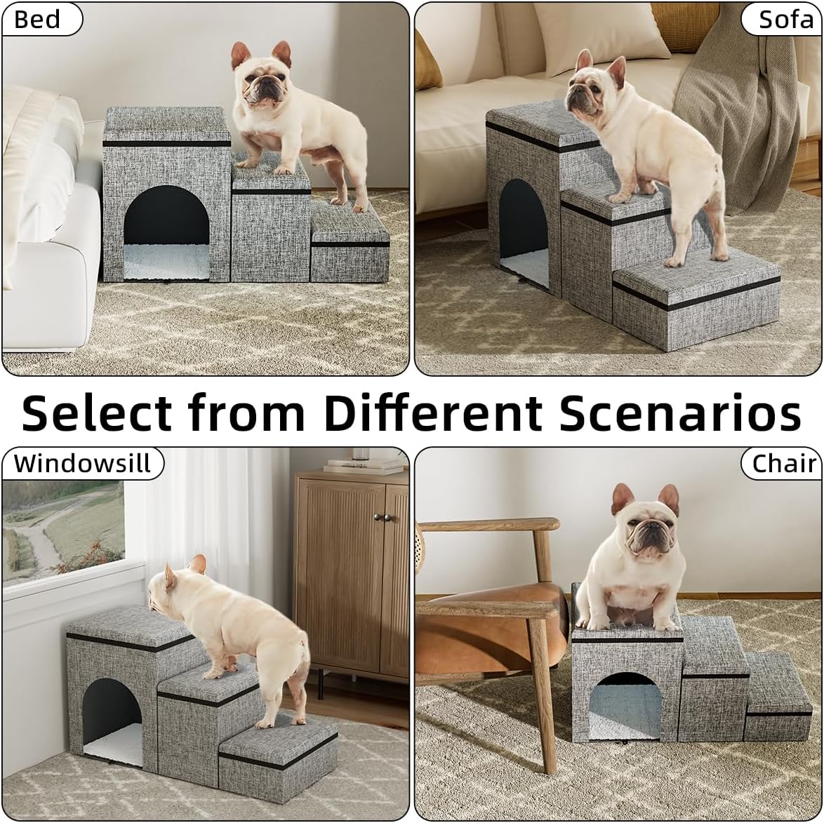 Dog Stairs with Storage, 3-Step Wider Dog Steps with Condo for Dogs and Cats, Pet Stairs for High Bed Climbing, Grey