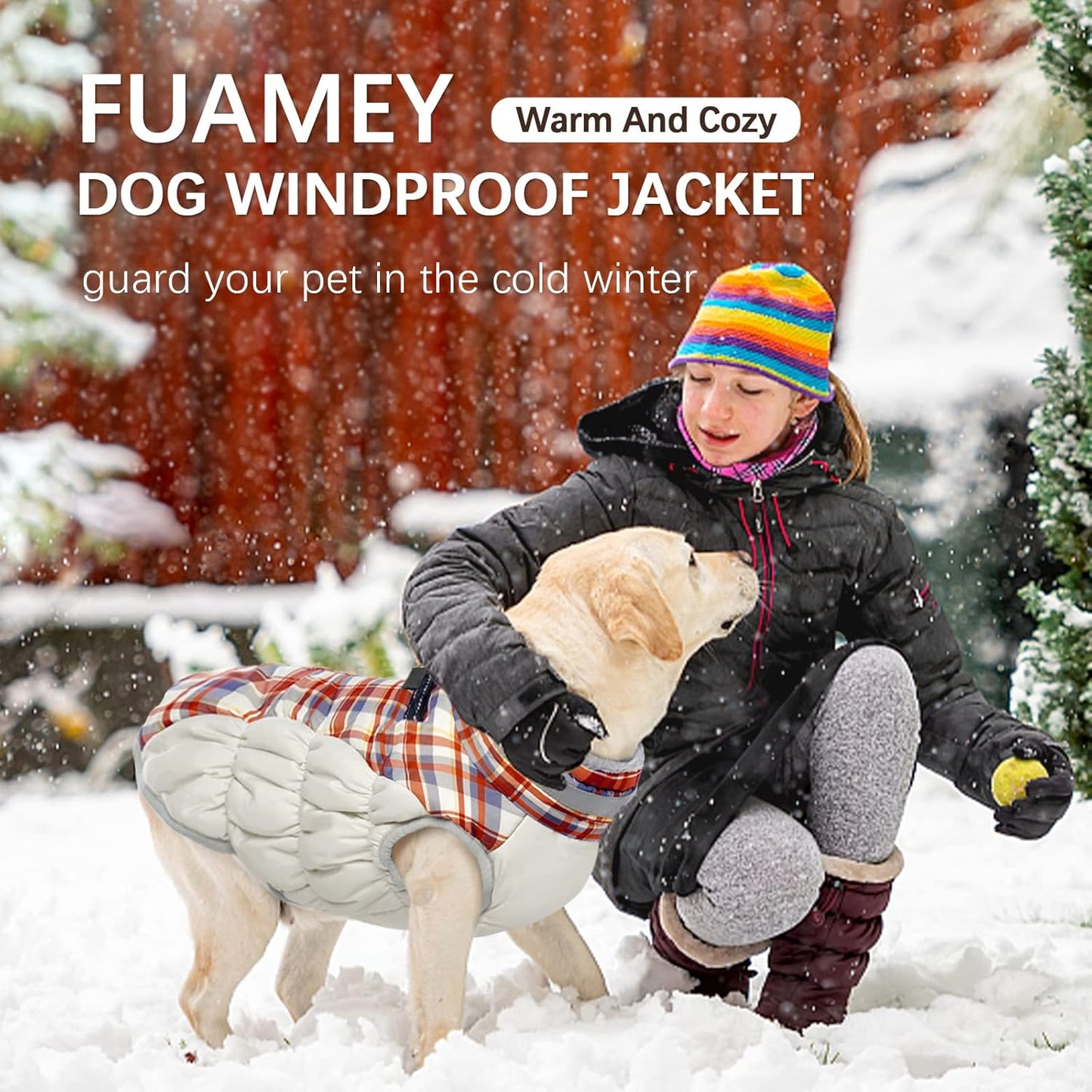 FUAMEY Dog Coat for Small Dogs,Waterproof Dog Winter Jacket with Harness Built in Puppy Cold Weather Coats Reflective Pet Vest with Zipper Warm Fleece Dogs Snowsuit Windproof Red Plaid S