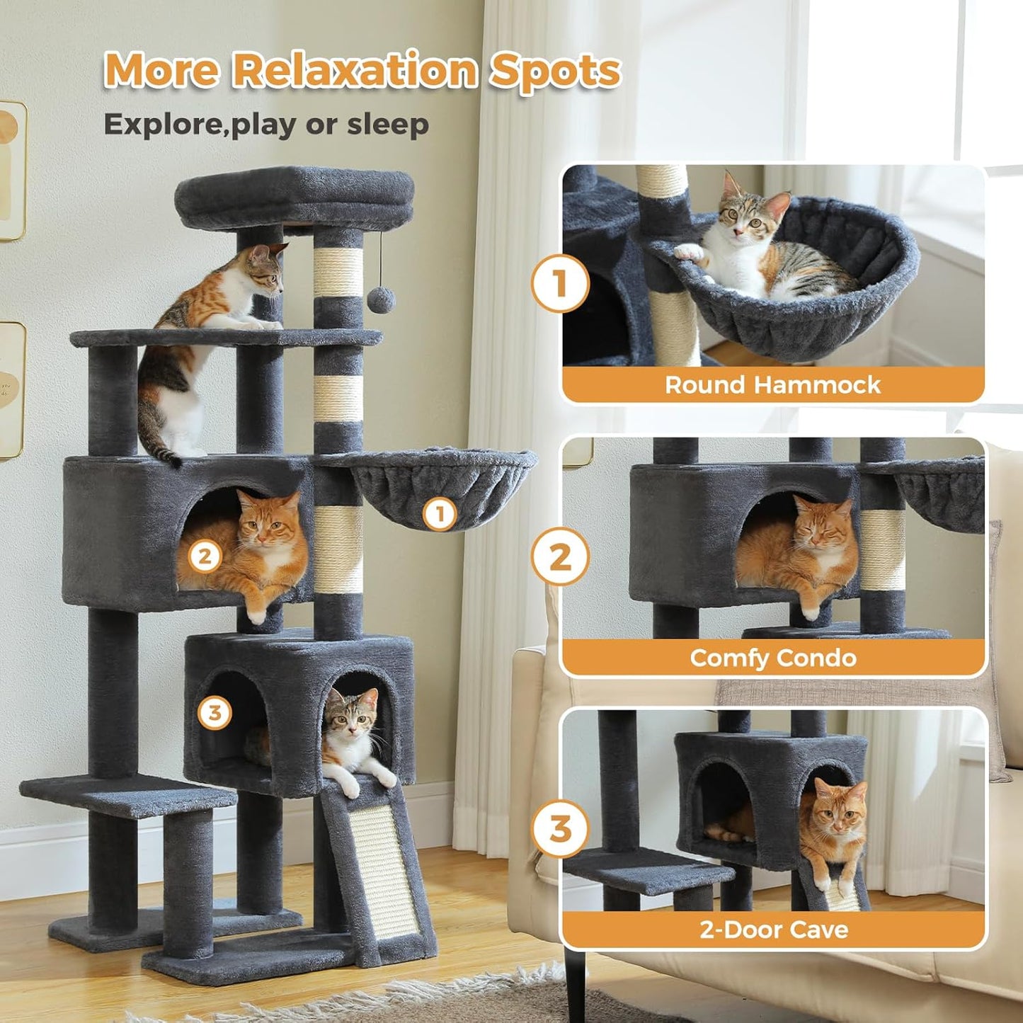 PAWZ Road Cat Tree, 51.6 Inches Cat Tower with Dual Condos, Spacious Perch, Cozy Basket and Sisal-Covered Scratching Posts for Indoor Cats- Dark Gray