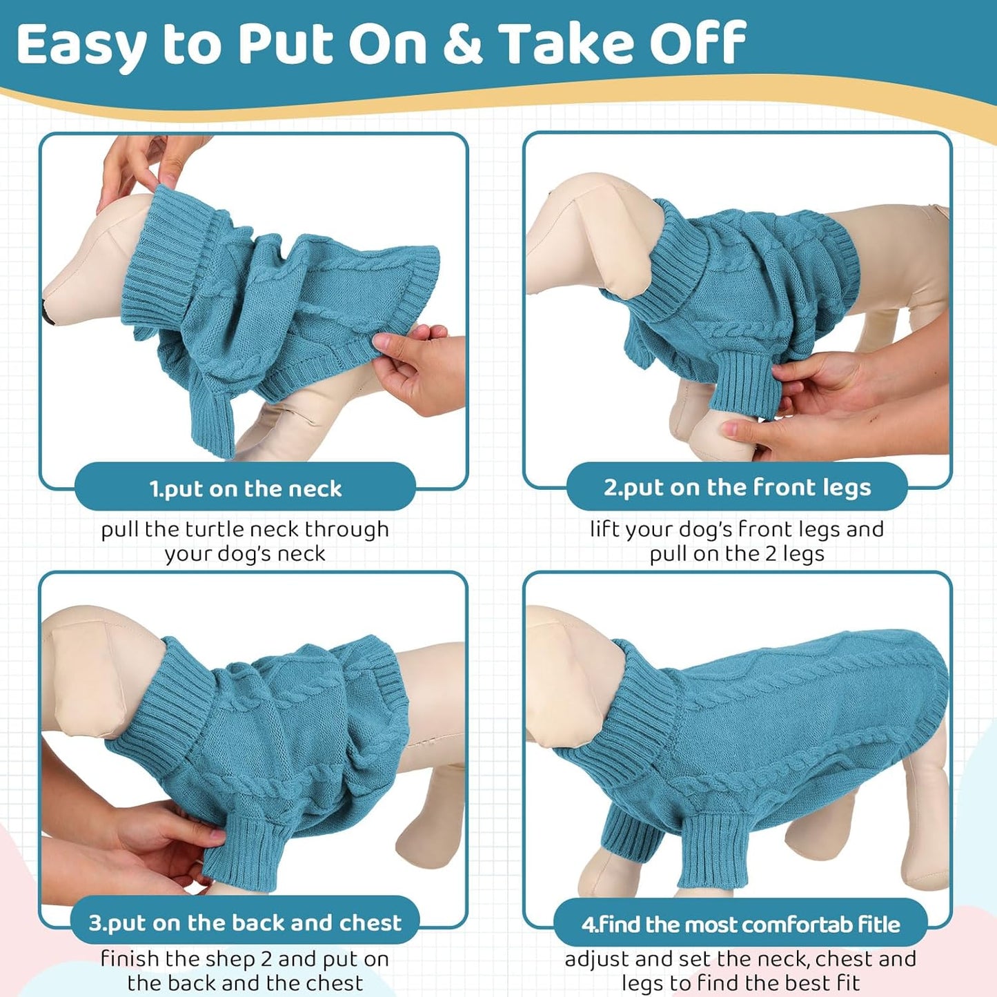 Queenmore Small Dog Pullover Sweater, Cold Weather Cable Knitwear, Classic Turtleneck Thick Warm Clothes for Chihuahua, Bulldog, Dachshund, Pug (Peacock Blue, Small)