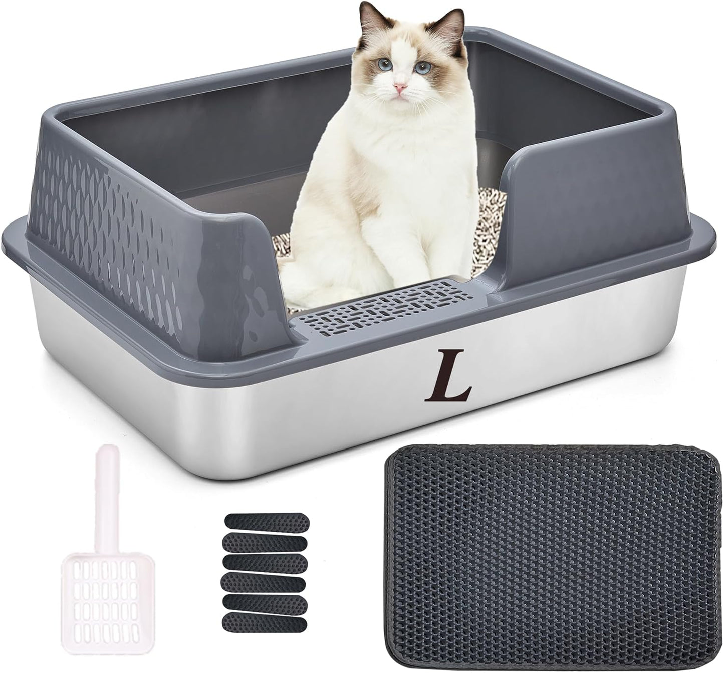 Suhaco Stainless Steel Litter Box Side Entry, Kitty Black Litter Mat and White Scoop Included Covered Metal High Sided Large Cat Litter Box with Lid Removable Enclosure for Medium Cats (Grey)