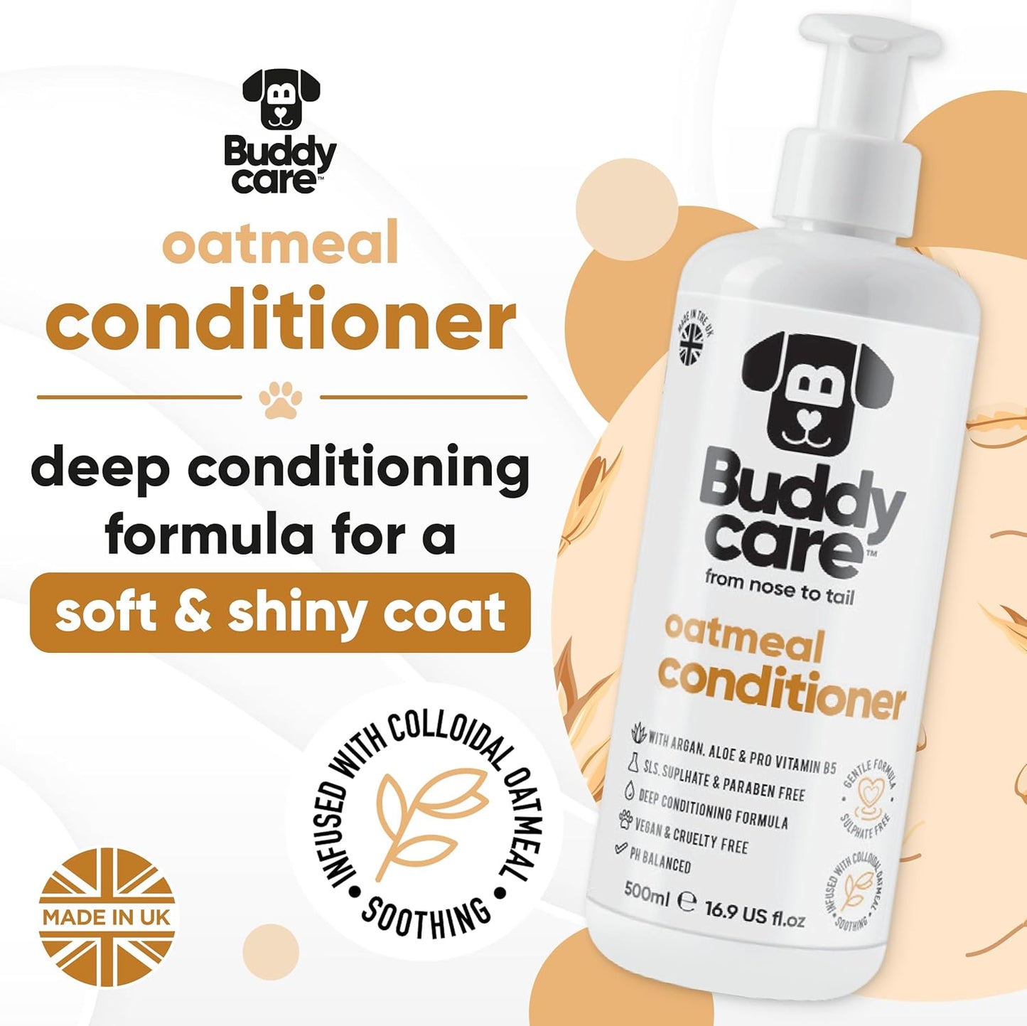 Oatmeal Dog Conditioner (16.90oz) Made with Aloe Vera, Argan Oil & Pro Vitamin B5 to Detangle Matted Coats & Relieve Sensitive & Itchy Skin, Suitable for Puppies from 8 Weeks, Vegan