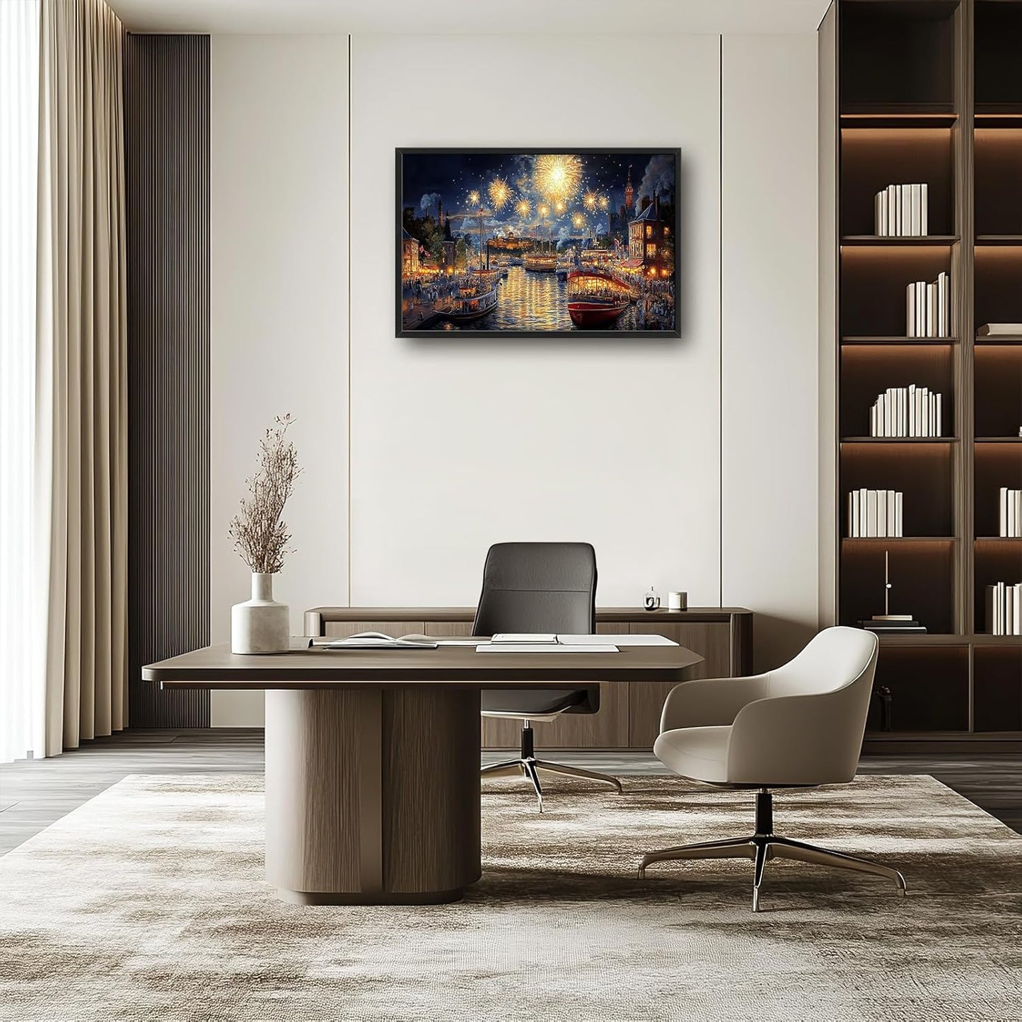 Framed Large Firework Night Sky Wall Art, Oversized European City Landscape Wall Decor for Living Room, River Boats Canvas Pictures Home Decoration for Living Room Bedroom Office 36"x24"