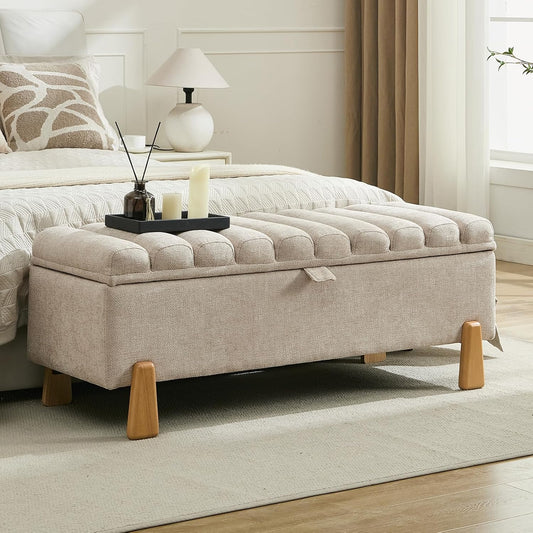 Storage Bench Ottoman 48.6 Inch with Safty Lift Top Lid, Tufted Solid Wood Tapered Legs Footstool for Bedroom, Living Room & Entryway Light Brown