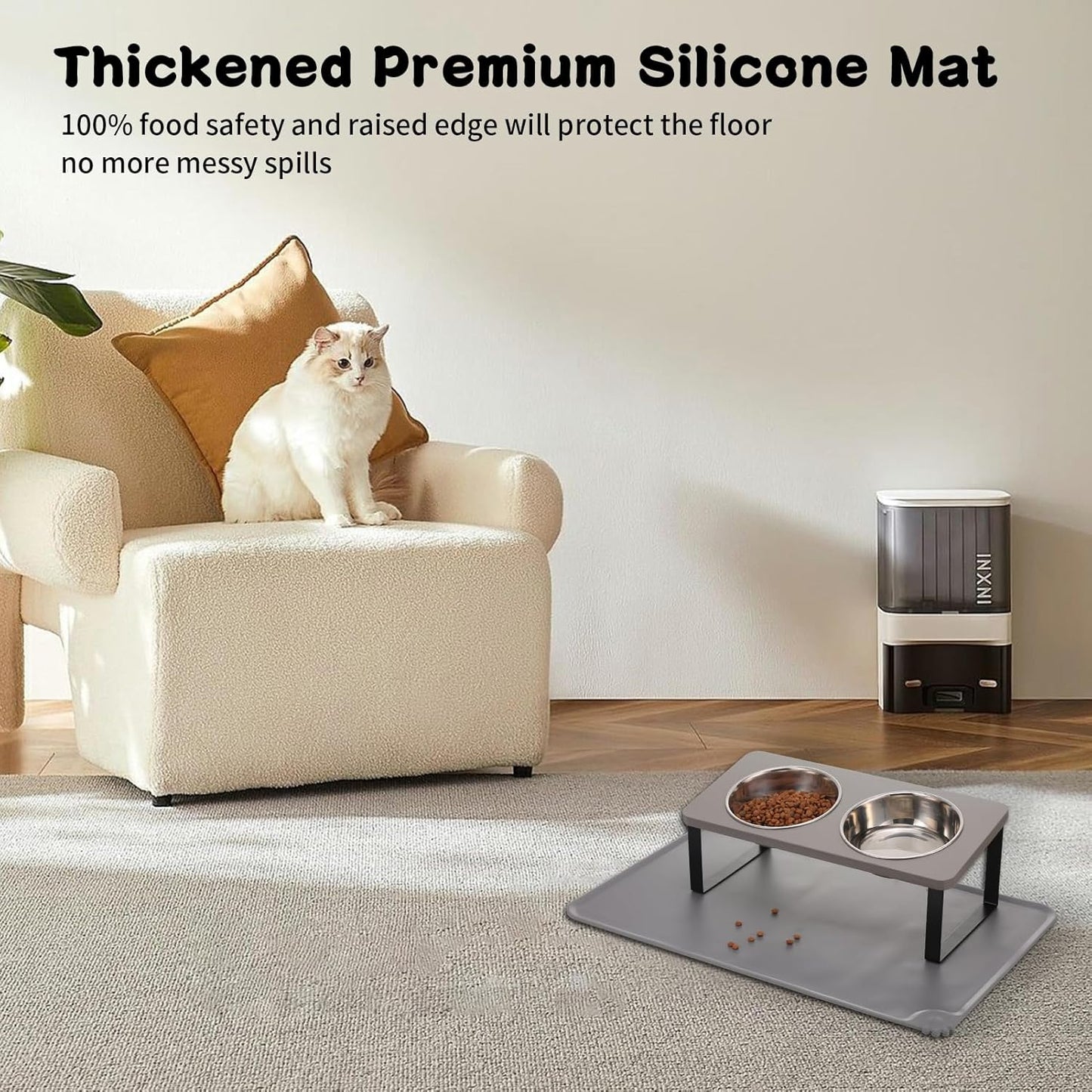 Upgraded Elevated Cat Bowls with Food Mat,15°Tilted Stand Anti Vomiting Raised Cat Dishes for Food and Water,2 Stainless Steel Bowls for Cats and Puppy（Gray）