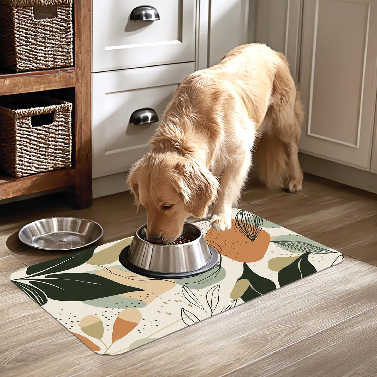 Abstract Boho Leaves Dog Food Mat-Absorbent Pet Feeding Mat for Food and Water Bowl, Quick Dry Dog Placemat with Rubber Backing-No Stains Pet Supplies for Messy Drinkers 16"x24"
