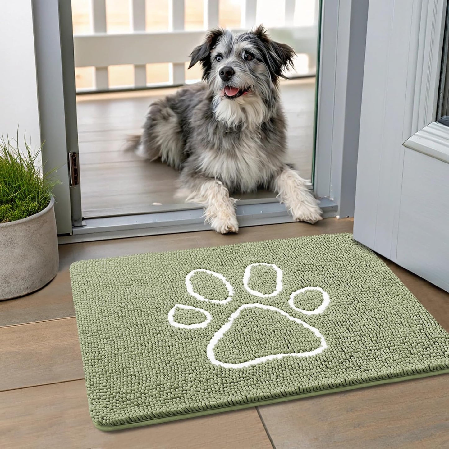 Smiry Dog Door Mat for Muddy Paws, Absorbent Dirt Trapper Non Slip Quick Dry Washable Chenille Mat for Mud Dogs, Entry Rug for Indoor and Outdoor (24x16 Inches, Sage Green)