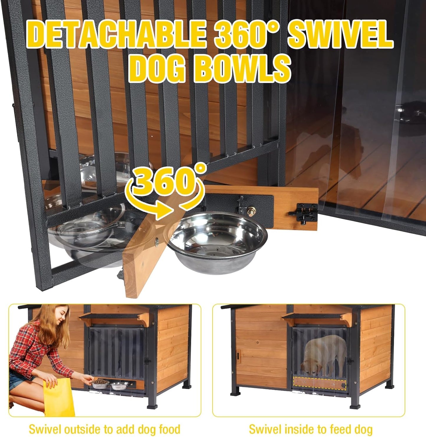 Chew-Resistant Dog House with Metal Frame, Wooden Kennel for Indoor & Outdoor Use, Waterproof Roof & Feeding Bowls Included (Wood, L-in)