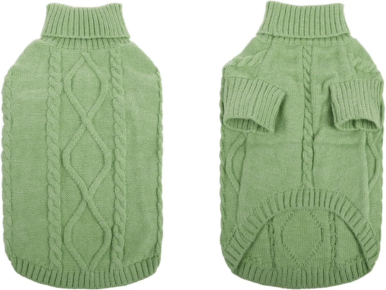 Queenmore Small Dog Pullover Sweater, Cold Weather Cable Knitwear, Classic Turtleneck Thick Warm Clothes for Chihuahua, Bulldog, Dachshund, Pug, Yorkie (Green, X-Large)
