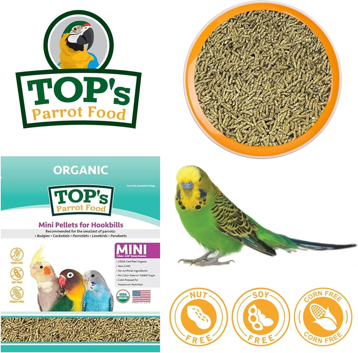 TOP's Parrot Food Mini Pellets Bird Food for Budgies, Cockatiels, Parrotlets, Lovebirds, Parakeets - Non-GMO, Peanut Soy & Corn Free, USDA Organic Certified - 1 lb