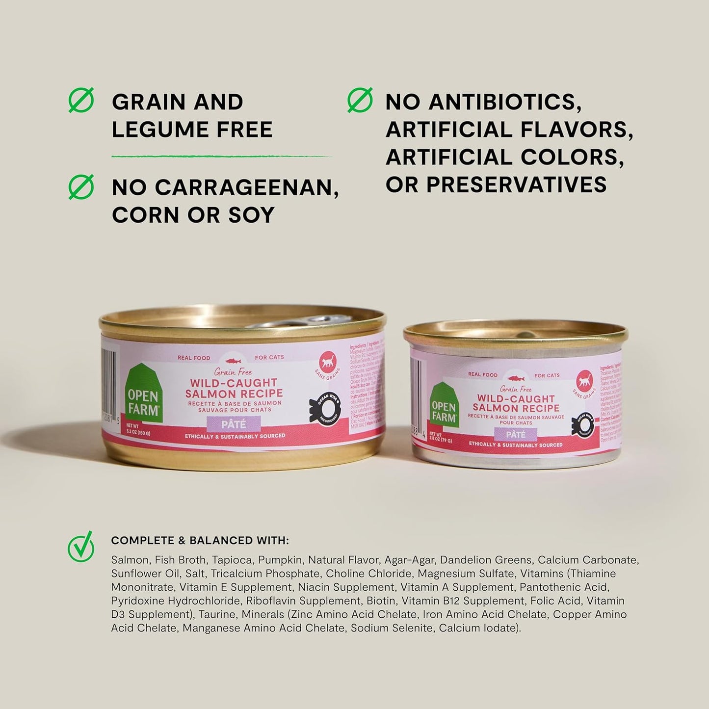 Open Farm Canned Cat Food, Paté for Complete & Balanced Nutrition, Grain-Free and Legume-Free Wet Cat Food, Salmon Recipe, 5.3oz Cans (Case of 12)