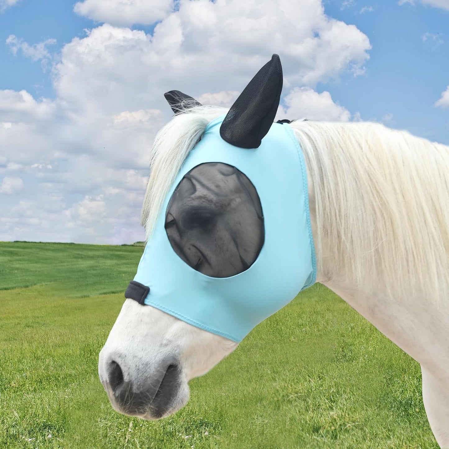 Stretchy Horse Fly Mask for Horses, Soft Lycra Equine Mesh Mask, Elasticity Horse Face Covering, Breathable&UV Protection, Pacific Blue, Cob