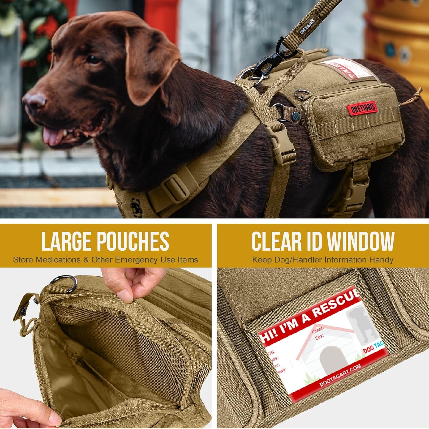 OneTigris Service Dog Vest Harness, Service Dog Cape Guardian Dog Backpack Harness with Pouches Dog Saddle Bag for Small Medium and Large Dogs (Brown, Small)