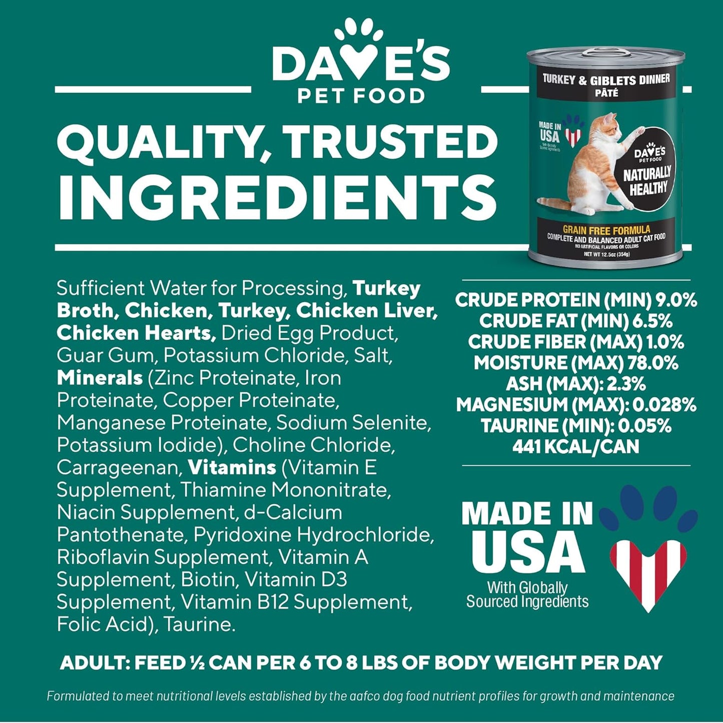 Dave's Pet Food Grain Free Canned Cat Food (Turkey & Giblets Pate), Made in USA Naturally Healthy Canned, Canned Pate, 12.5 oz Cans (12 Pack)
