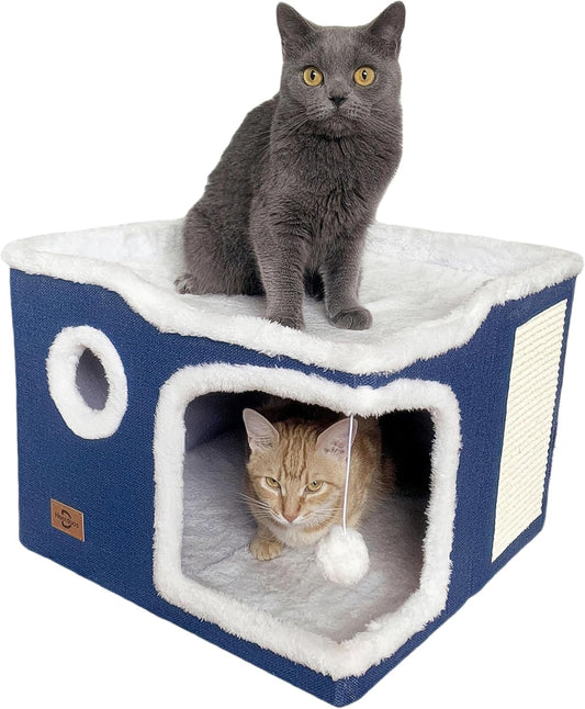 Cat Bed for Indoor Cats,Covered Cat Cave House & Furniture with Scratch Pad,Foldable Cat Hideaway Hut Cute Cat Condo with Soft Washable Mat for Multi Small Pet Under 30 lbs Navy Blue
