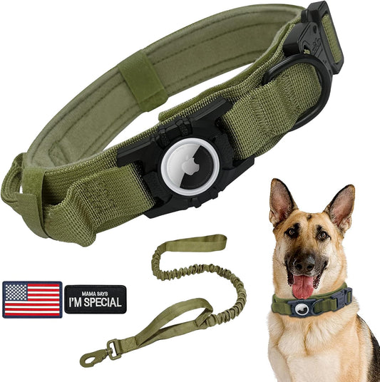 Tactical AirTag Dog Collar Leash Set - Heavy Duty, Adjustable GPS Collar Compatible with Apple AirTag, with Holder & Control Handle for Medium/Large Dogs [ Green, L ]
