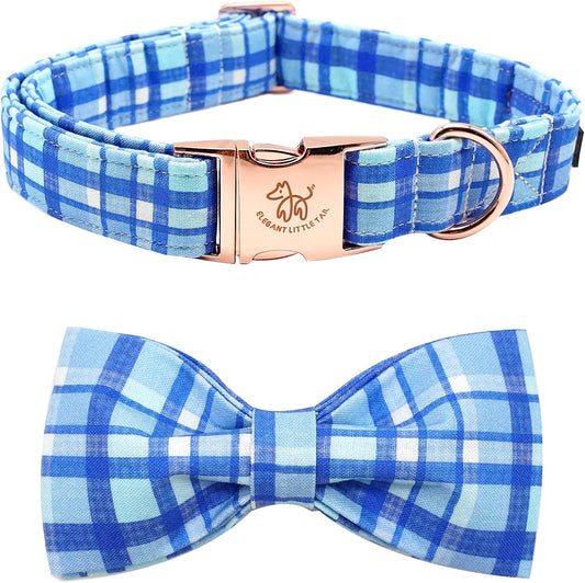 Elegant little tail Dog Collar with Bow - Blue Plaid Boy Dog Collar Cute Bowtie Pet Collar Adjustable Dog Collar for Small Puppy and Dog