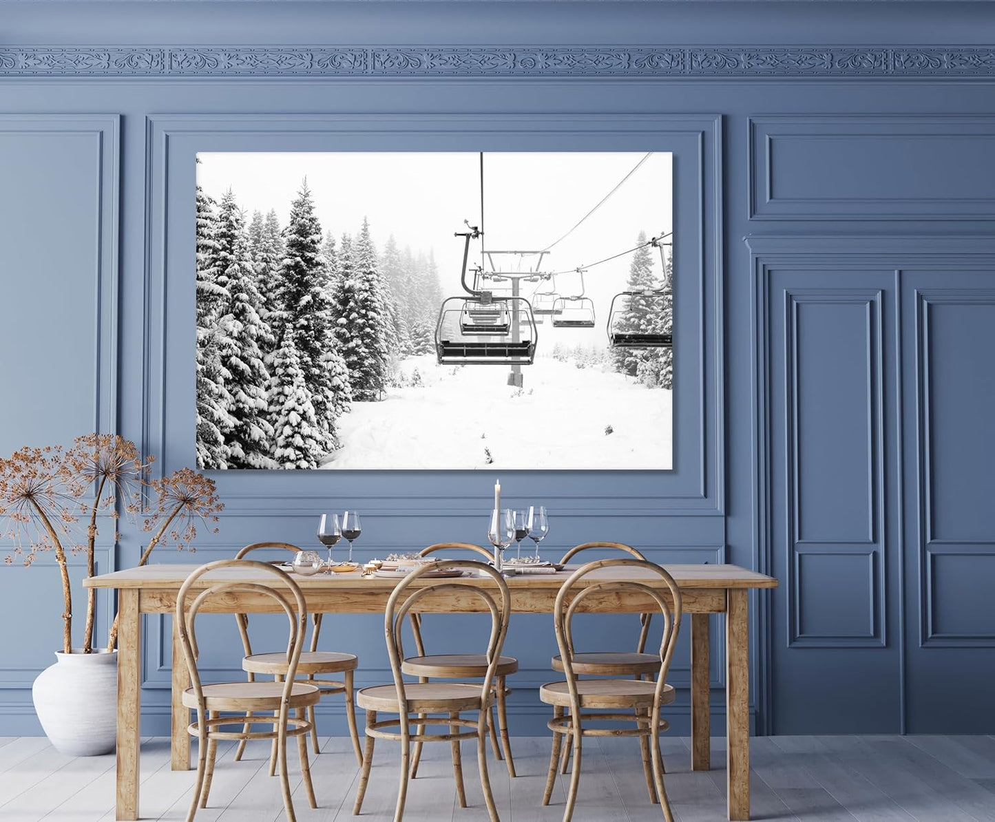 Nature Wall Art Prints - Ocean Forest Mountain Lake Canvas Landscapes - Small to Extra Large Living Room Bedroom Kitchen Bathroom Décor (Ski Lift on Snowy Mountain, 35L" x 53W")