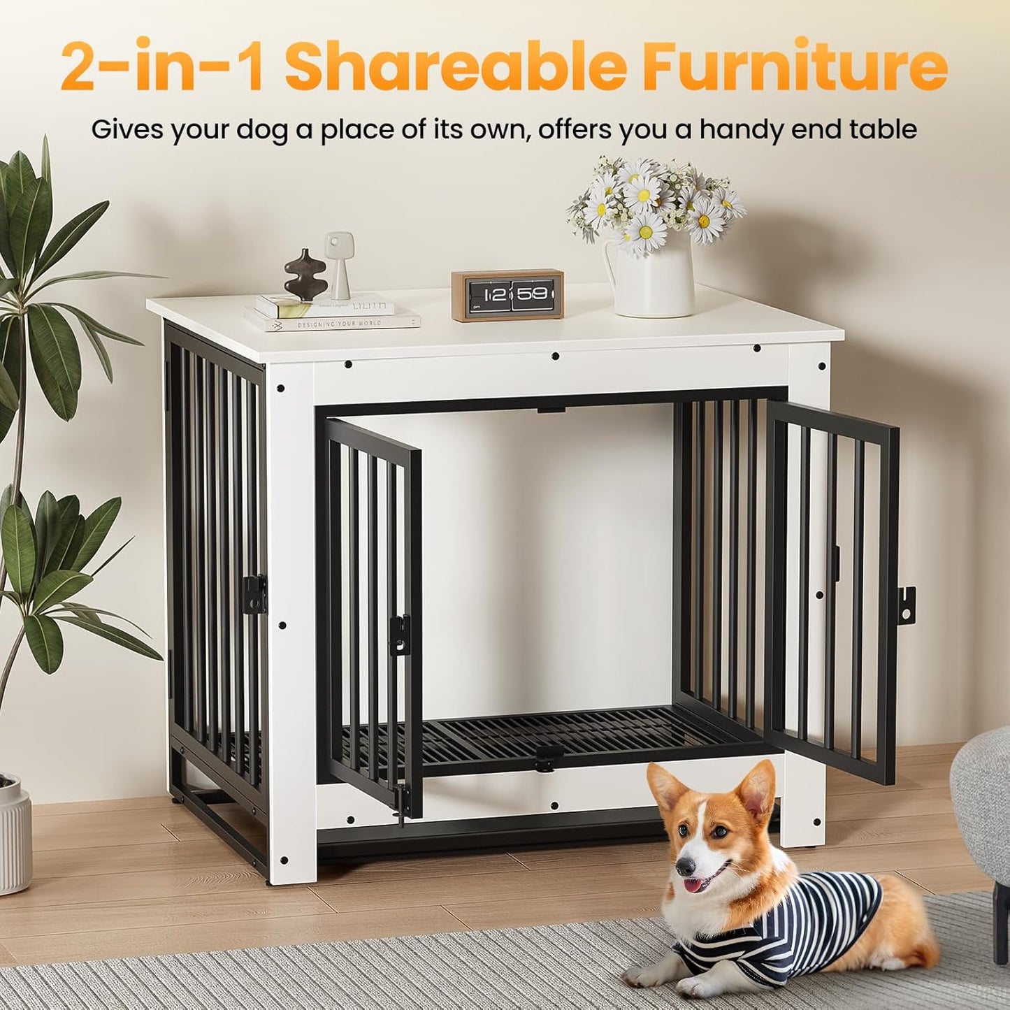 Dog Crate Furniture, Dog Crate End Table for Small and Medium Dogs,Wooden Cage Kennel Furniture Indoor, Modern Dog Crate with Multi-Purpose Removable Tray, Double-Doors Dog Furniture, White