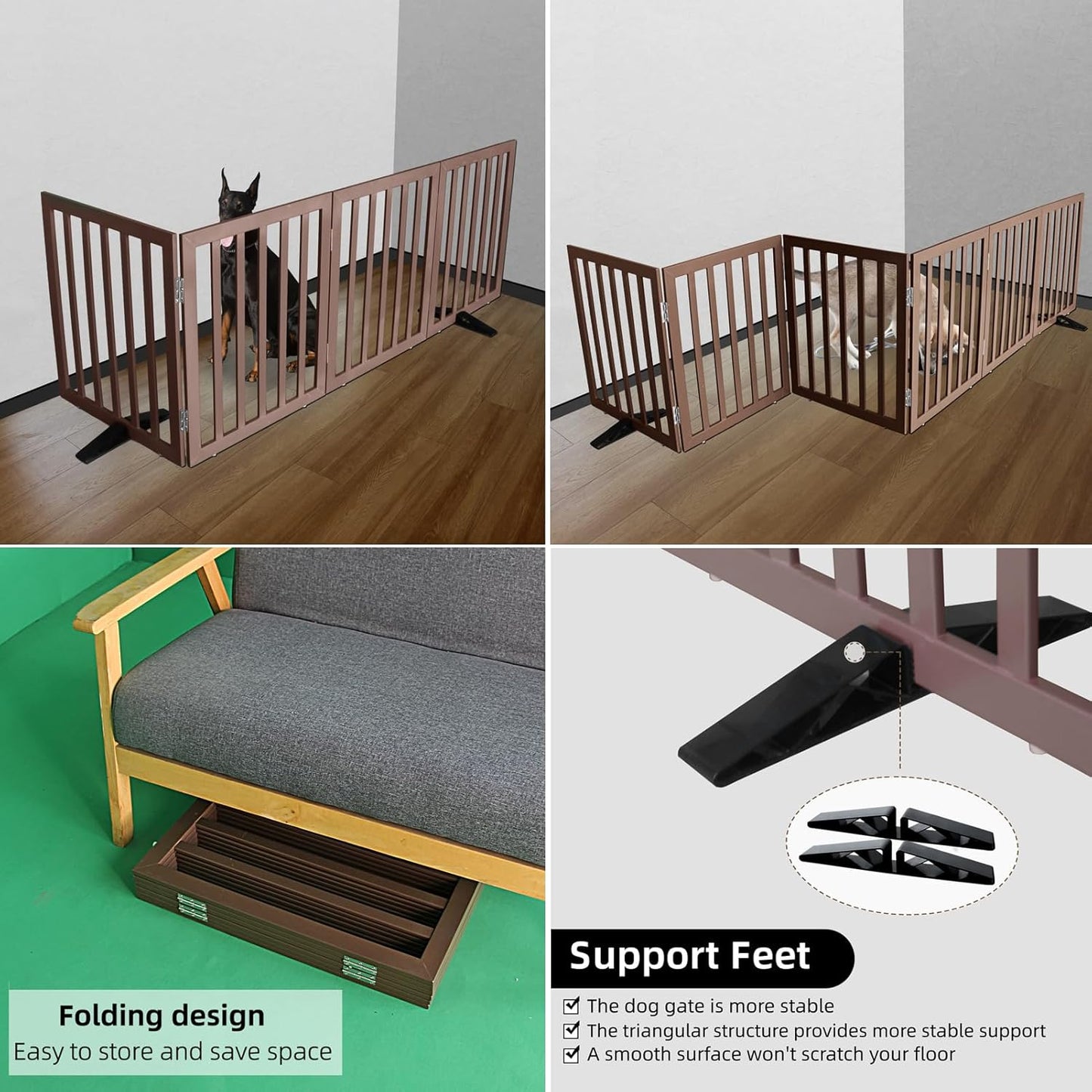 ZJSF Freestanding Indoor Dog Gate for House Foldable Wood Puppy Gate for Doorways Pet Gate for Stairs Extra Wide Pet Fence, Brown, 24" Height 3 Panels