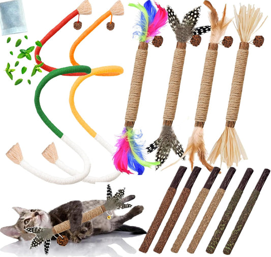 Cat Toys 12PCS Catnip Toy for Indoor Kitten Treat Cats Chew Stick for Dental Cleaning Teeth Kitten Silvervine Rope Kitty Feather Snack for for Kick Molar Scratch Self Play Interactive Boredom