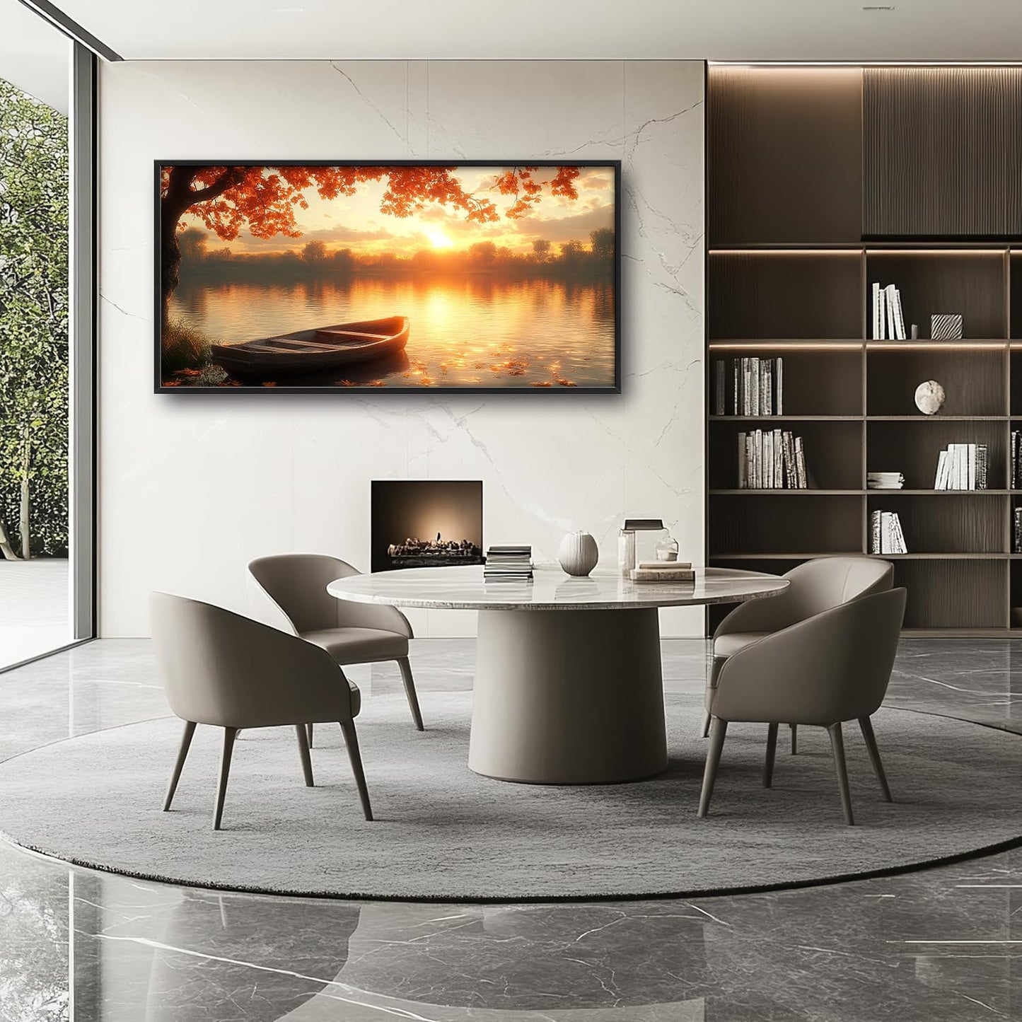 Large Lake Sunrise Landscape Wall Art for Living Room, Nature Boat Canvas Oversized Wall Decor, River Scenery Framed Pictures Painting Print Artwork for Bedroom Office 60"L x 30"W