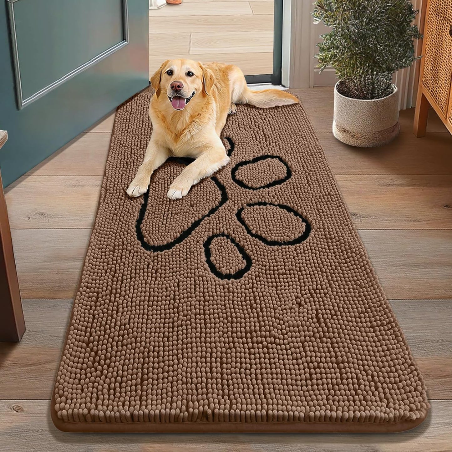 Smiry Dog Door Mat for Muddy Paws, Absorbent Dirt Trapper Non Slip Quick Dry Washable Chenille Mat for Mud Dogs, Entry Rug for Indoor and Outdoor (48x30 Inches, Coffee)