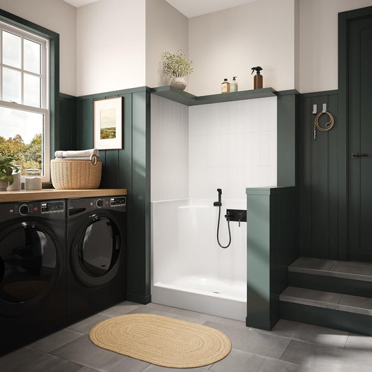 Laurel Mountain Odie 36" x 27" x 36" AcrylX Alcove Center Drain One-Piece Pet Shower in White with Hand-Held Sprayer in Matte Black