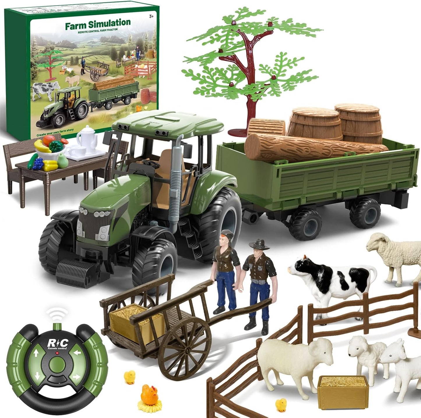 Remote Control Tractor with Trailer - Farm Toys Set Including Animals, Fruits, Vegetables, and Farmer Figures, Toddlers Farm Vehicle Toys for 3 4 5 6 7 8 9 Year Old Boys Girls Birthday Gifts